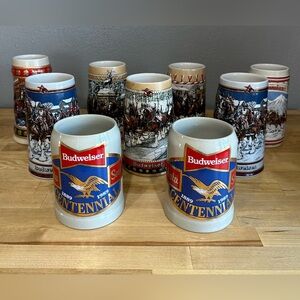 Lot Of 9 Budweiser Holiday Steins 1985 A 1986 B 1987 C 1988 1989 1993 Centennial